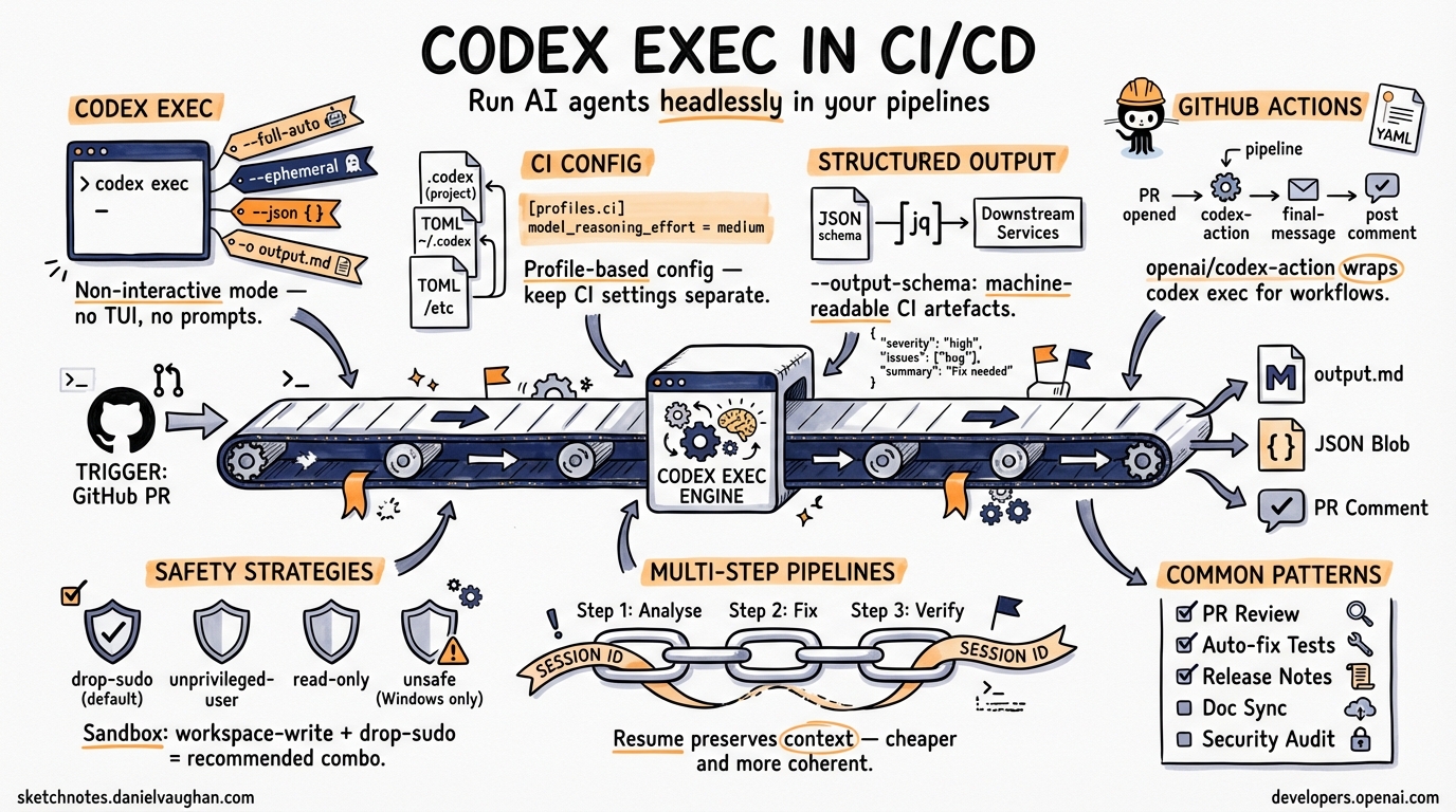 Sketchnote: Codex CLI for CI/CD: codex exec, Non-Interactive Mode and Pipeline Integration