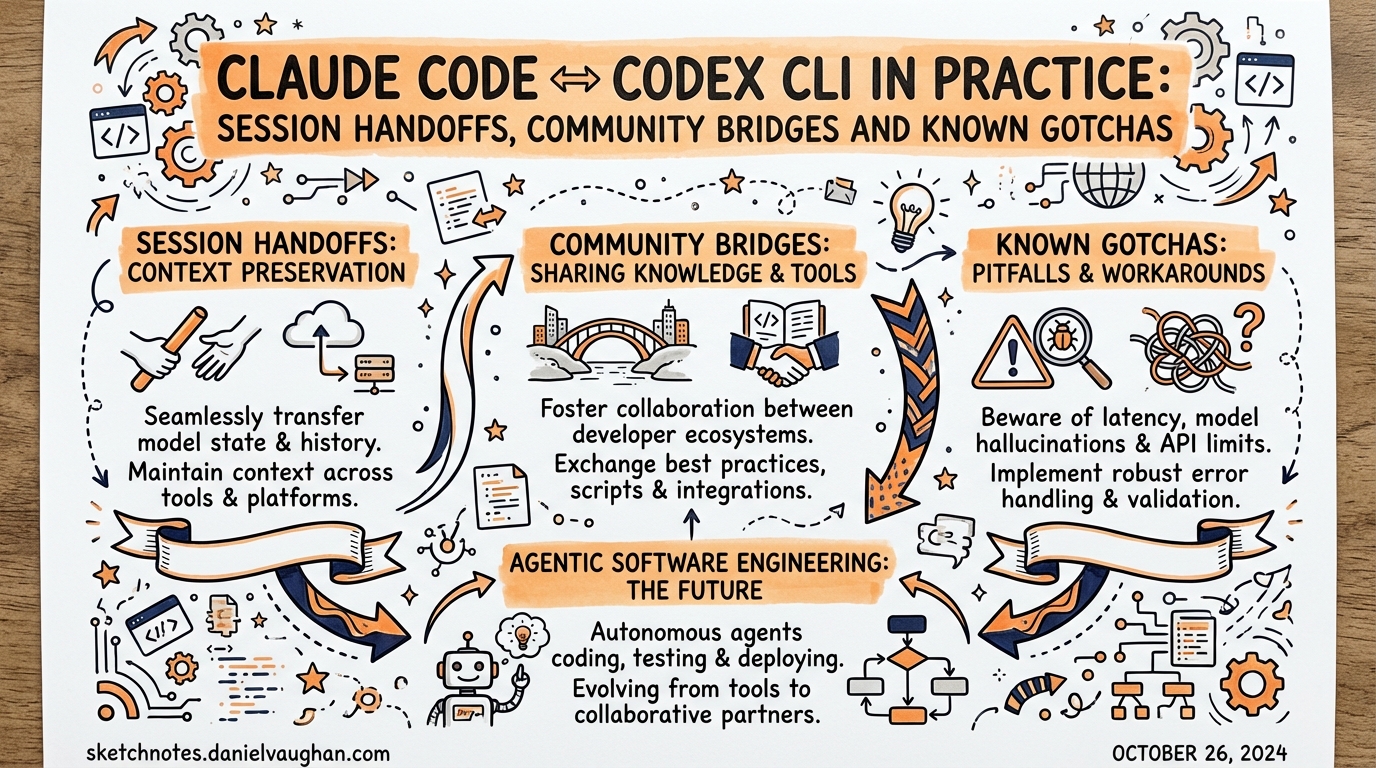 Sketchnote diagram for: Claude Code ↔ Codex CLI in Practice: Session Handoffs, Community Bridges and Known Gotchas