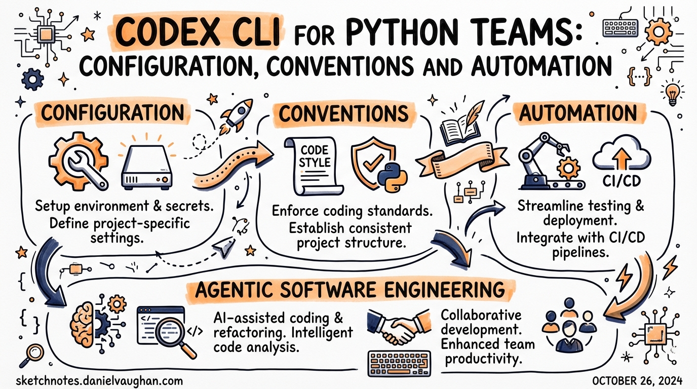 Sketchnote diagram for: Codex CLI for Python Teams: Configuration, Conventions and Automation