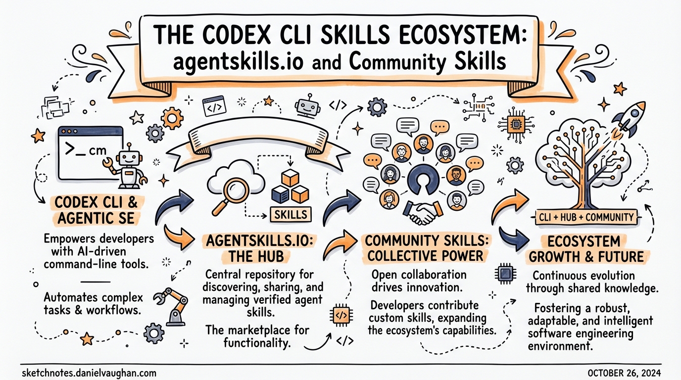 Sketchnote diagram for: The Codex CLI Skills Ecosystem: agentskills.io and Community Skills