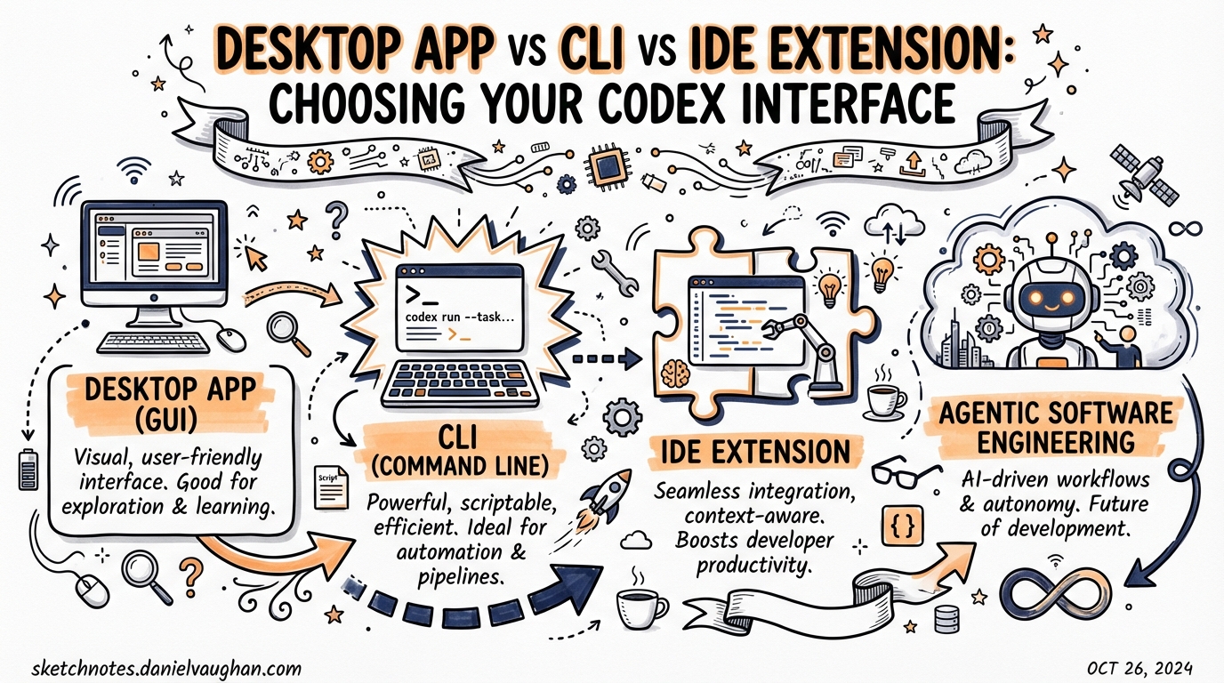 Sketchnote diagram for: Desktop App vs CLI vs IDE Extension: Choosing Your Codex Interface