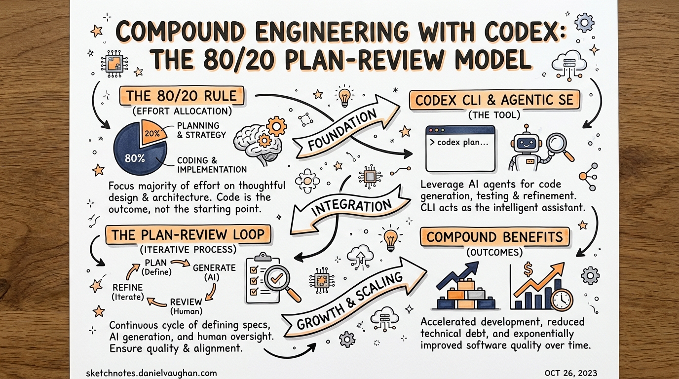 Sketchnote: Compound Engineering with Codex: The 80/20 Plan-Review Model