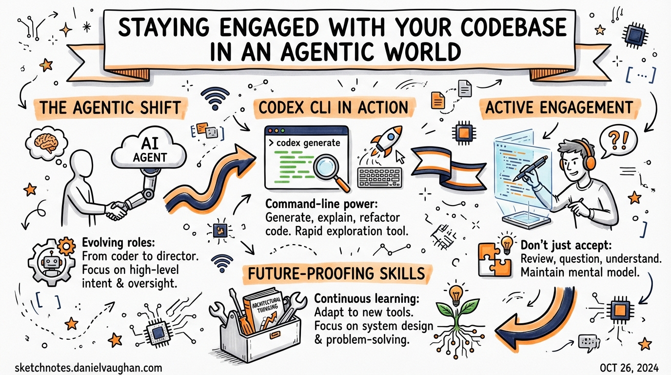 Sketchnote diagram for: Staying Engaged with Your Codebase in an Agentic World