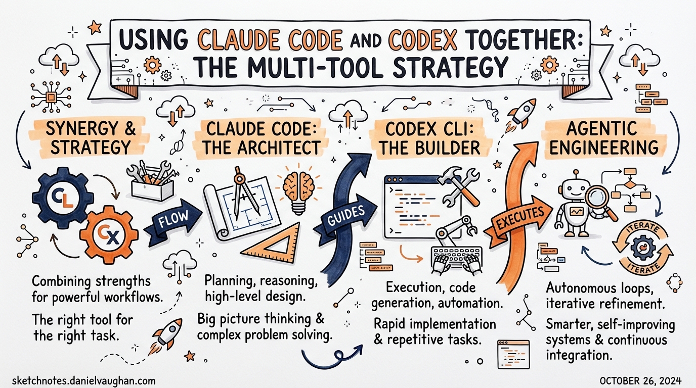Sketchnote diagram for: Using Claude Code and Codex Together: The Multi-Tool Strategy