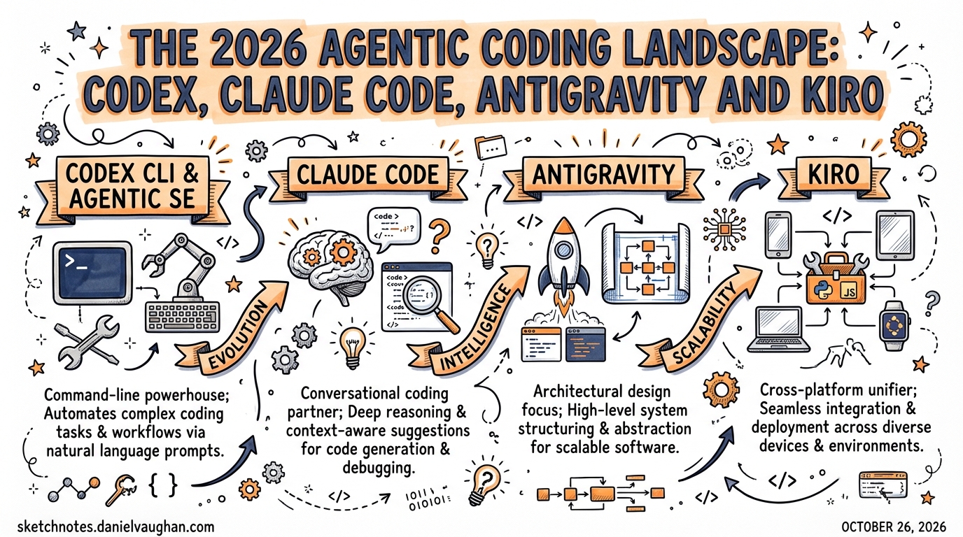 Sketchnote: The 2026 Agentic Coding Landscape: Codex, Claude Code, Antigravity and Kiro