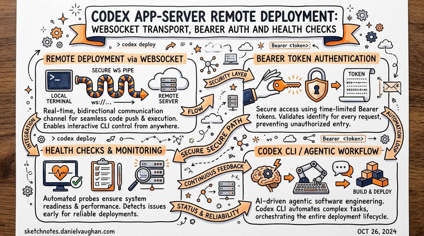 Sketchnote: Codex App-Server Remote Deployment: WebSocket Transport, Bearer Auth and Health Checks