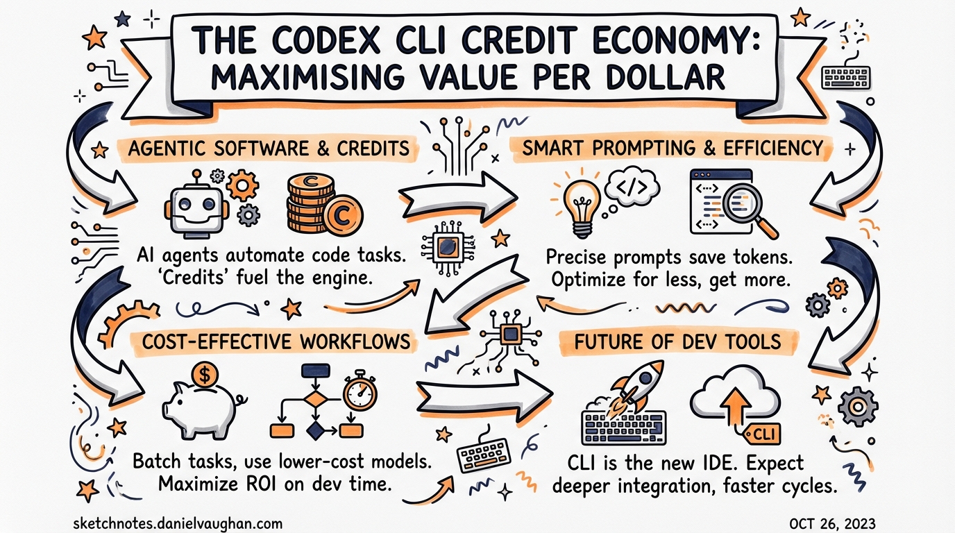Sketchnote diagram for: The Codex CLI Credit Economy: Maximising Value Per Dollar