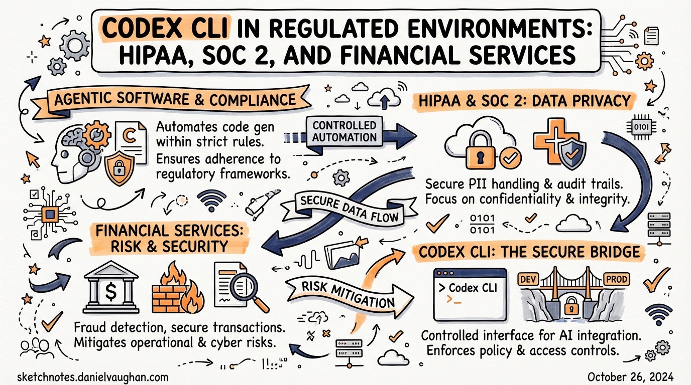 Sketchnote diagram for: Codex CLI in Regulated Environments: HIPAA, SOC 2, and Financial Services