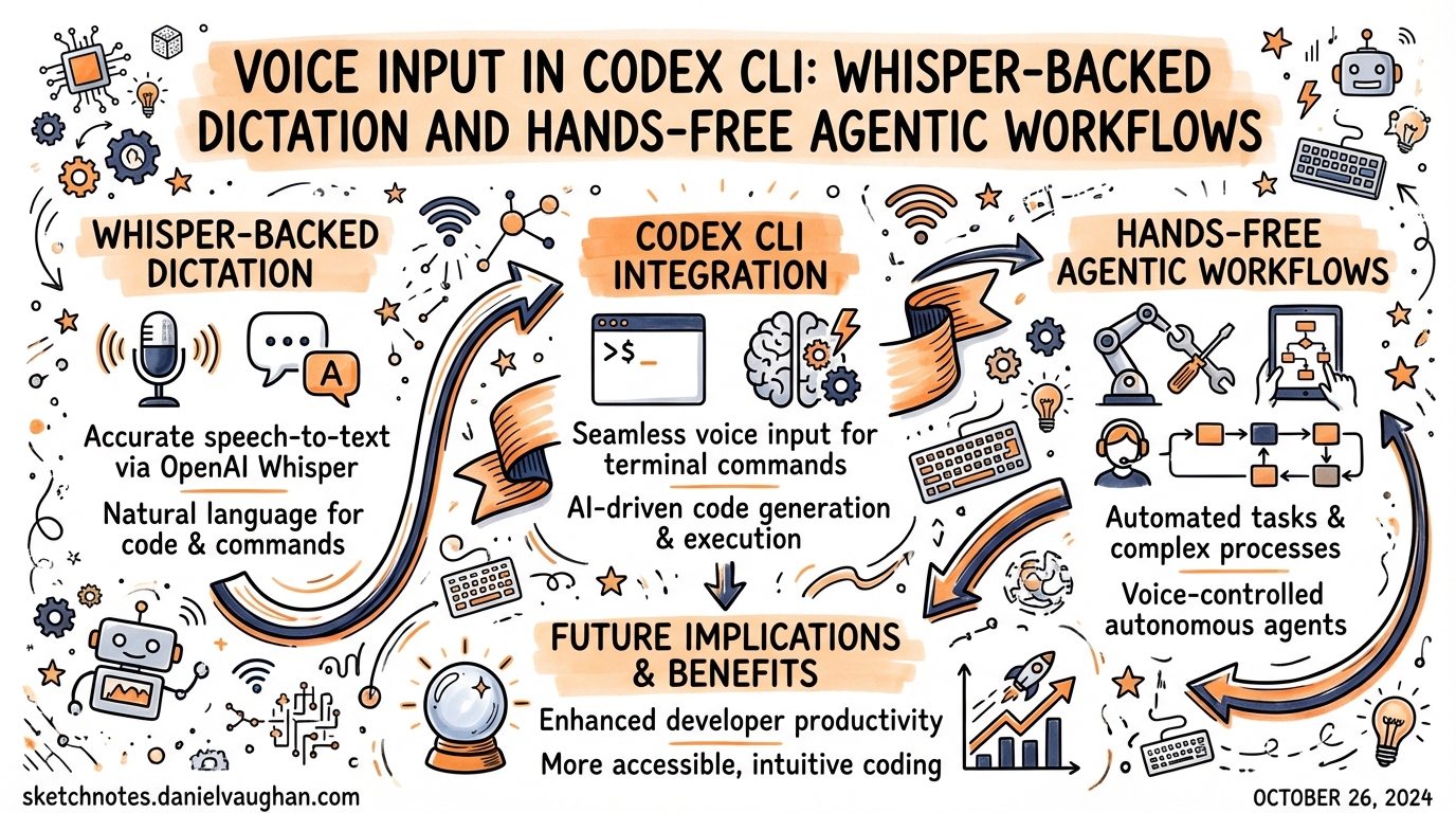 Sketchnote: Voice Input in Codex CLI: Whisper-Backed Dictation and Hands-Free Agentic Workflows