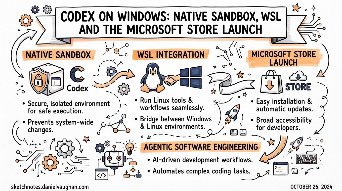 Sketchnote: Codex on Windows: Native Sandbox, WSL and the Microsoft Store Launch
