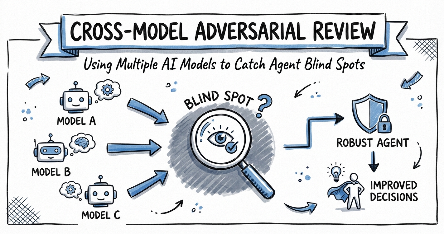 Sketchnote diagram for: Cross-Model Adversarial Review: Using Multiple AI Models to Catch Agent Blind Spots
