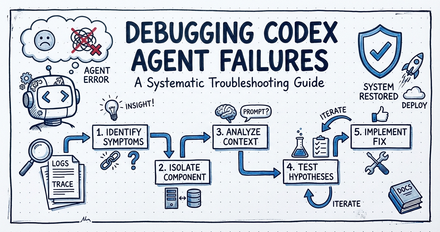 Sketchnote diagram for: Debugging Codex Agent Failures: A Systematic Troubleshooting Guide