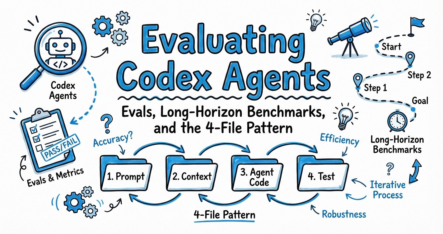 Sketchnote diagram for: Evaluating Codex Agents: Evals, Long-Horizon Benchmarks, and the 4-File Pattern