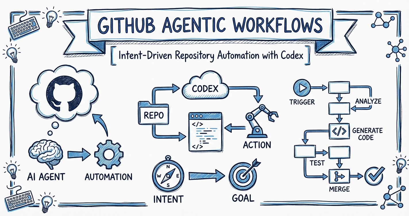 Sketchnote diagram for: GitHub Agentic Workflows: Intent-Driven Repository Automation with Codex