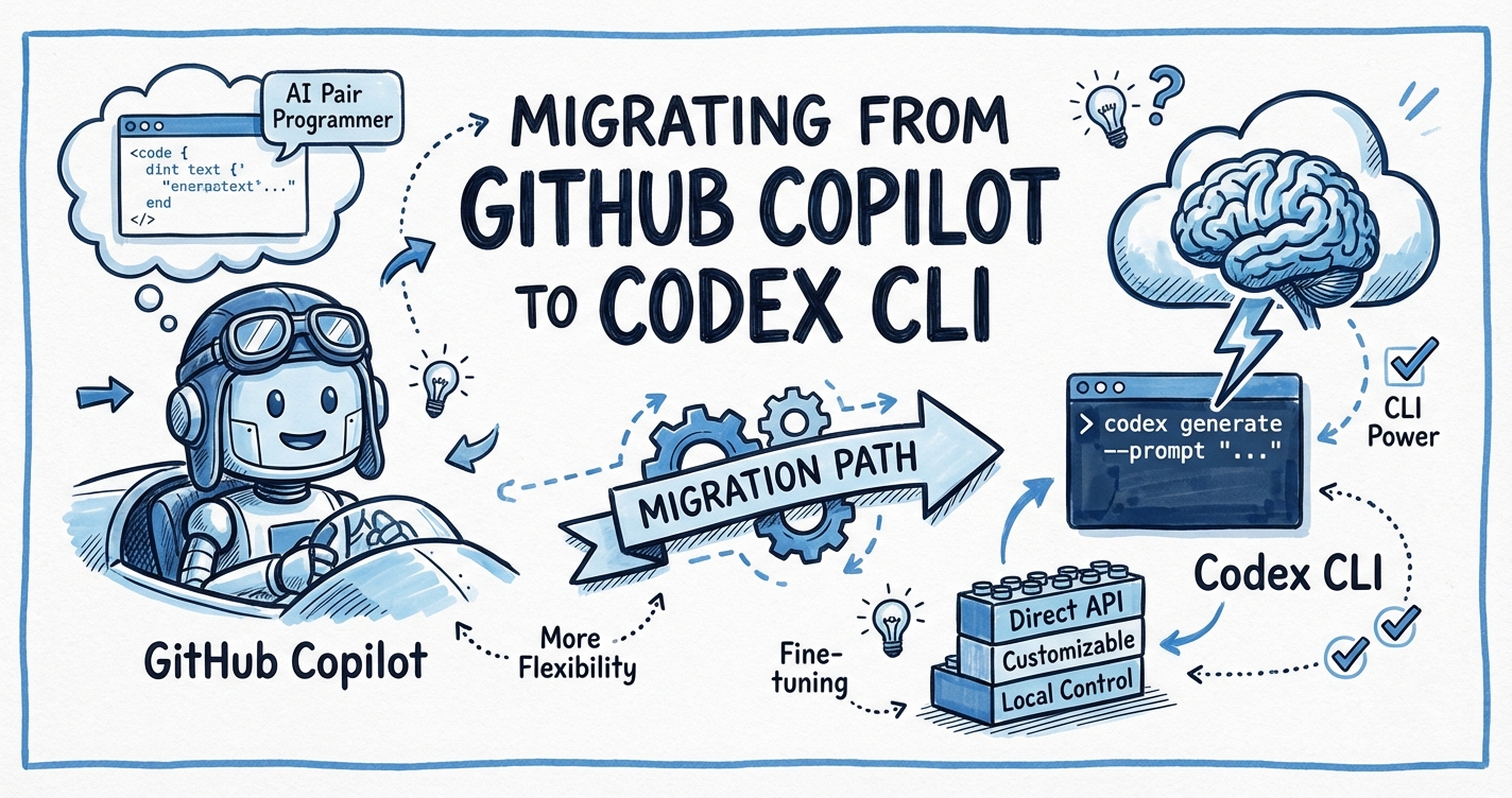 Sketchnote diagram for: Migrating from GitHub Copilot to Codex CLI