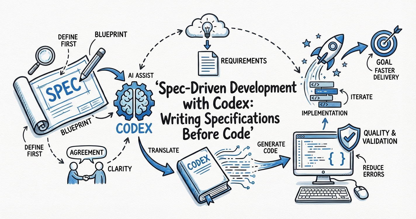Sketchnote diagram for: Spec-Driven Development with Codex: Writing Specifications Before Code