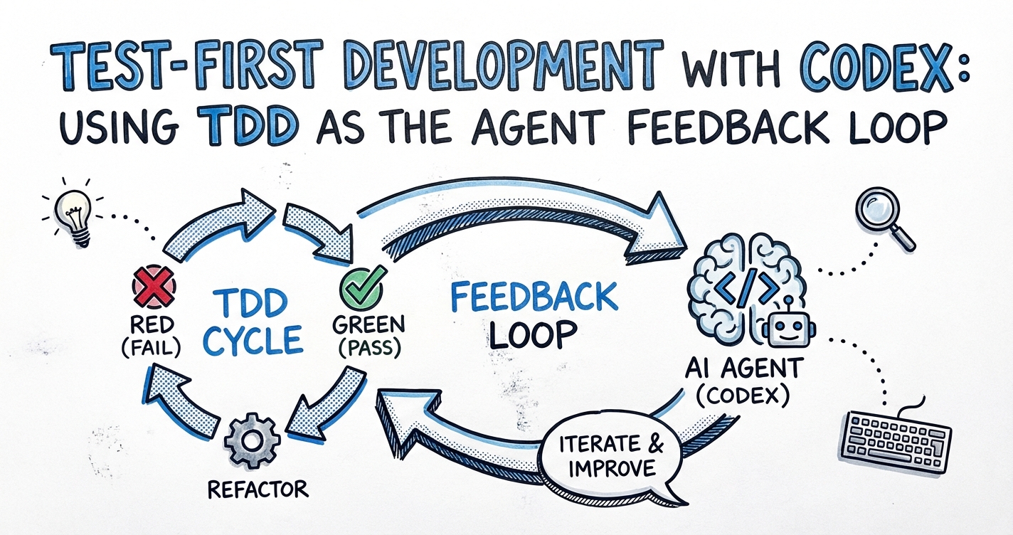 Sketchnote diagram for: Test-First Development with Codex: Using TDD as the Agent Feedback Loop
