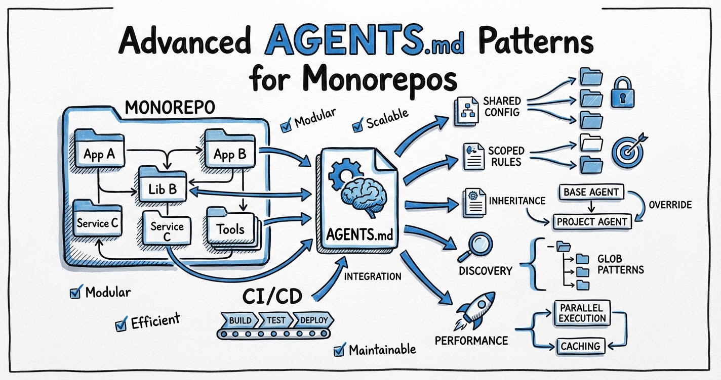 Sketchnote diagram for: Advanced AGENTS.md Patterns for Monorepos