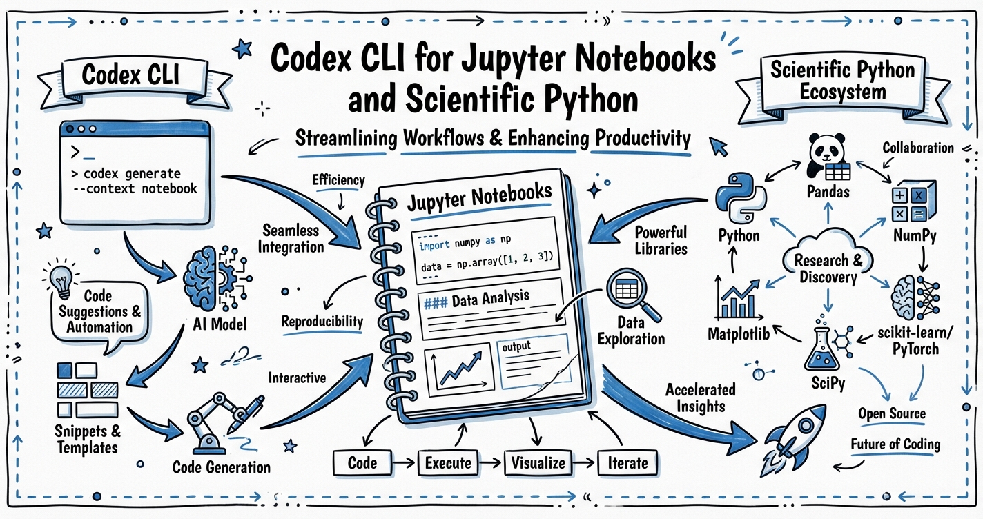 Sketchnote diagram for: Codex CLI for Jupyter Notebooks and Scientific Python