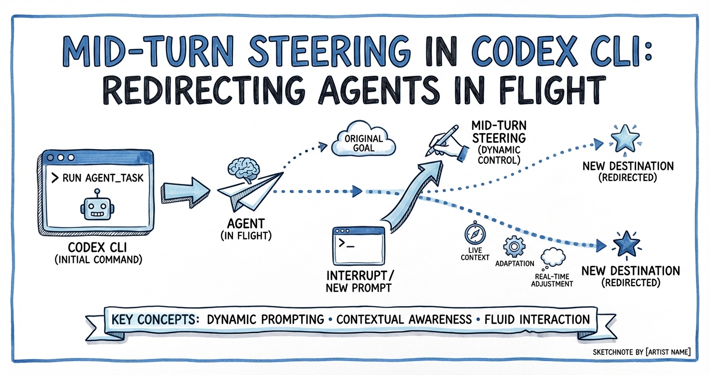 Sketchnote diagram for: Mid-Turn Steering in Codex CLI: Redirecting Agents in Flight