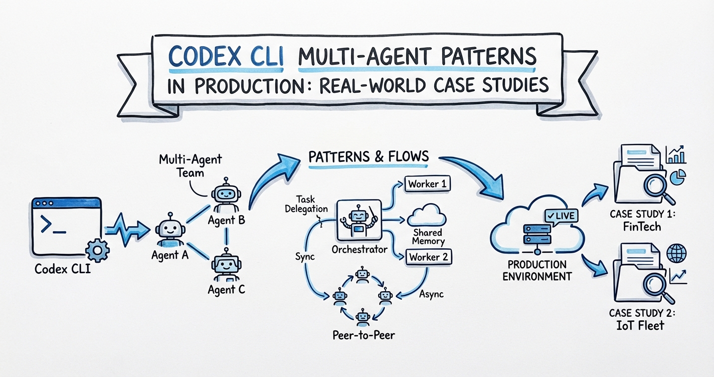 Sketchnote diagram for: Codex CLI Multi-Agent Patterns in Production: Real-World Case Studies