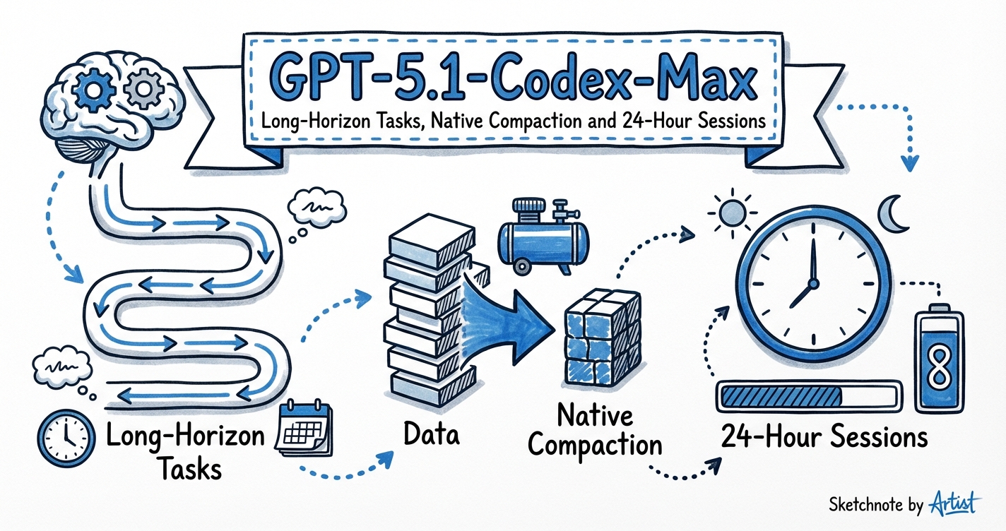Sketchnote diagram for: GPT-5.1-Codex-Max: Long-Horizon Tasks, Native Compaction and 24-Hour Sessions