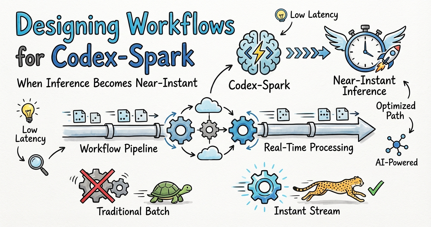 Sketchnote diagram for: Designing Workflows for Codex-Spark: When Inference Becomes Near-Instant