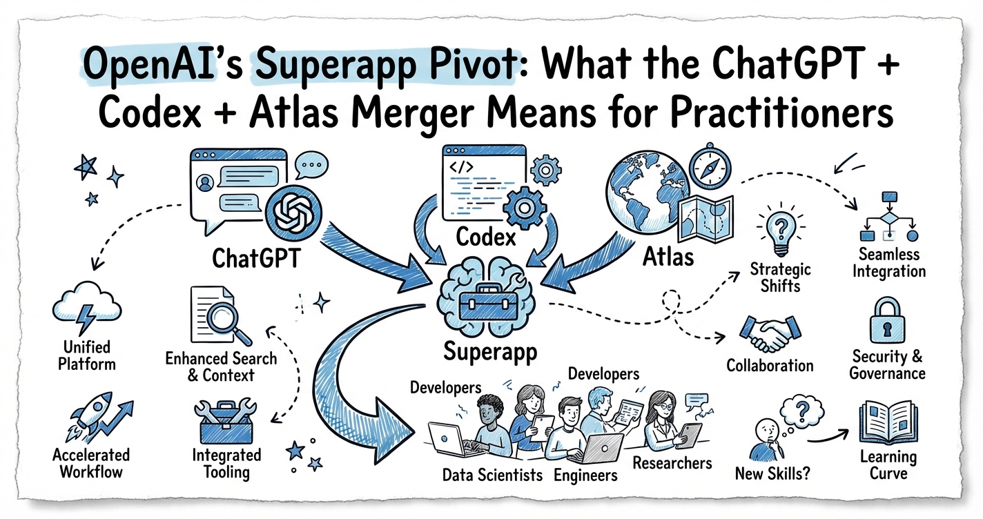 Sketchnote diagram for: OpenAI's Superapp Pivot: What the ChatGPT + Codex + Atlas Merger Means for Practitioners
