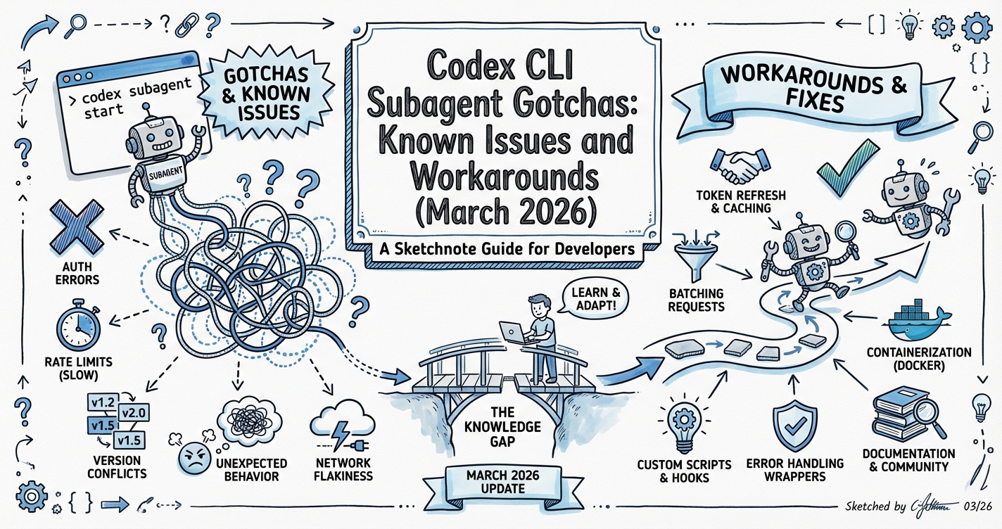 Sketchnote diagram for: Codex CLI Subagent Gotchas: Known Issues and Workarounds (March 2026)