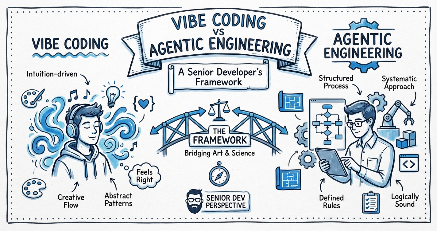 Sketchnote diagram for: Vibe Coding vs Agentic Engineering: A Senior Developer's Framework