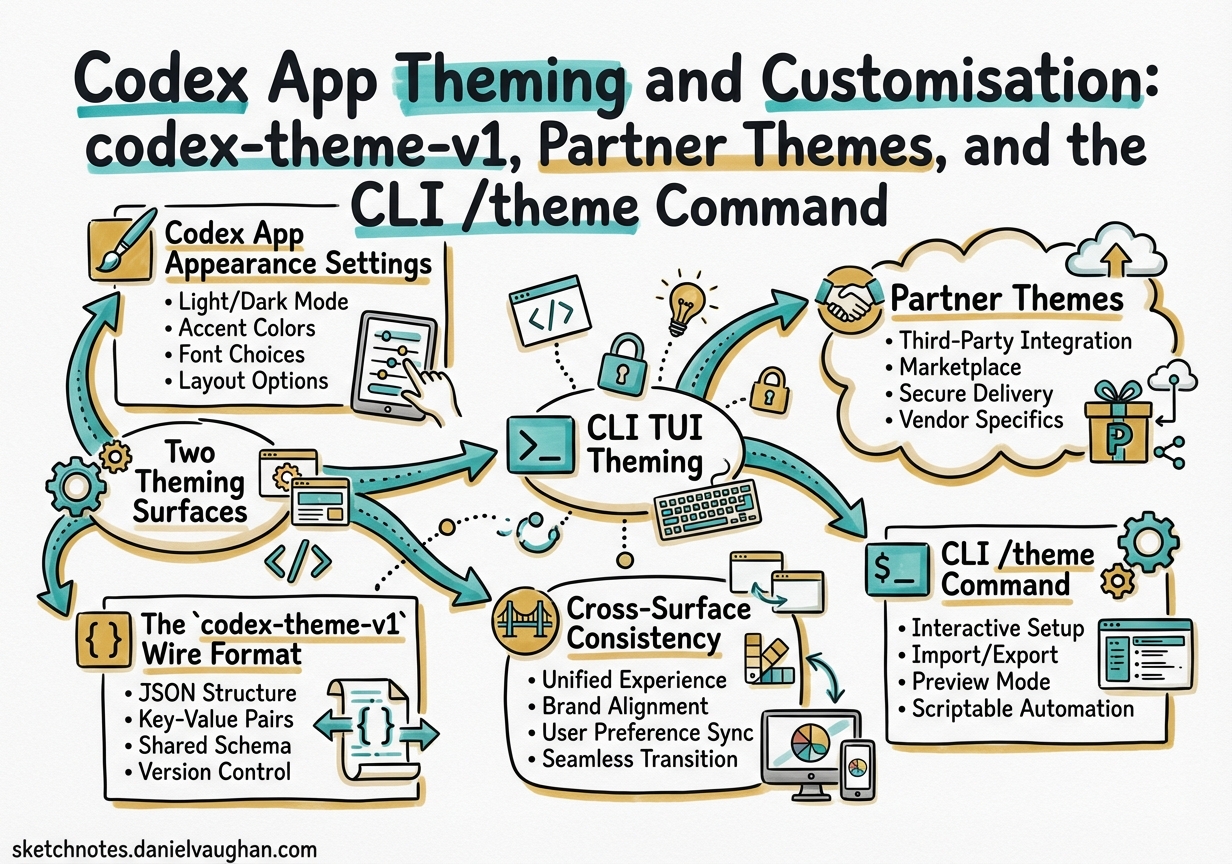 Sketchnote diagram for: Codex App Theming and Customisation: codex-theme-v1, Partner Themes, and the CLI /theme Command