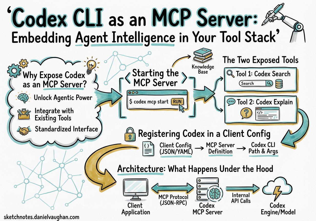 Sketchnote diagram for: Codex CLI as an MCP Server: Embedding Agent Intelligence in Your Tool Stack