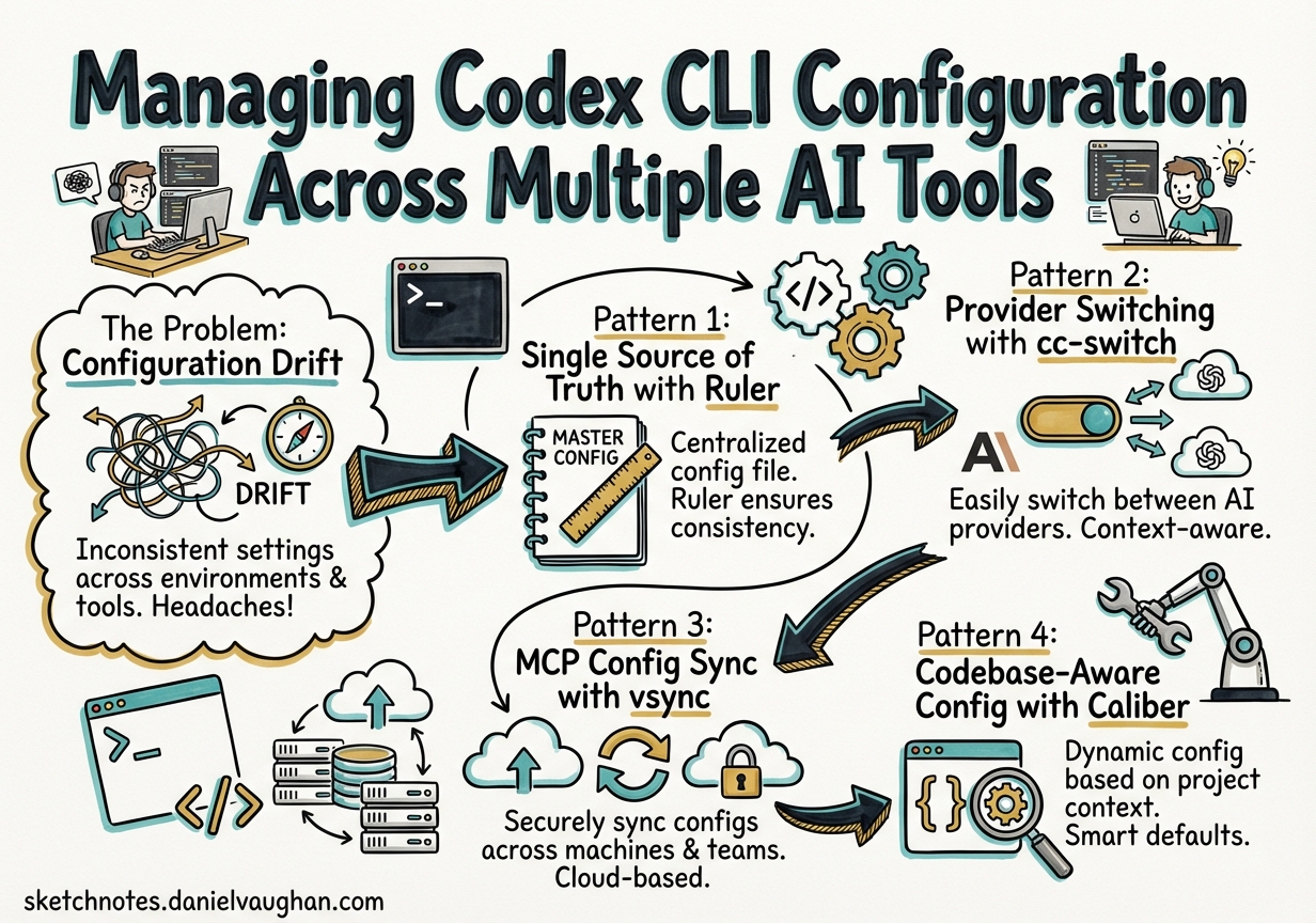 Sketchnote diagram for: Managing Codex CLI Configuration Across Multiple AI Tools