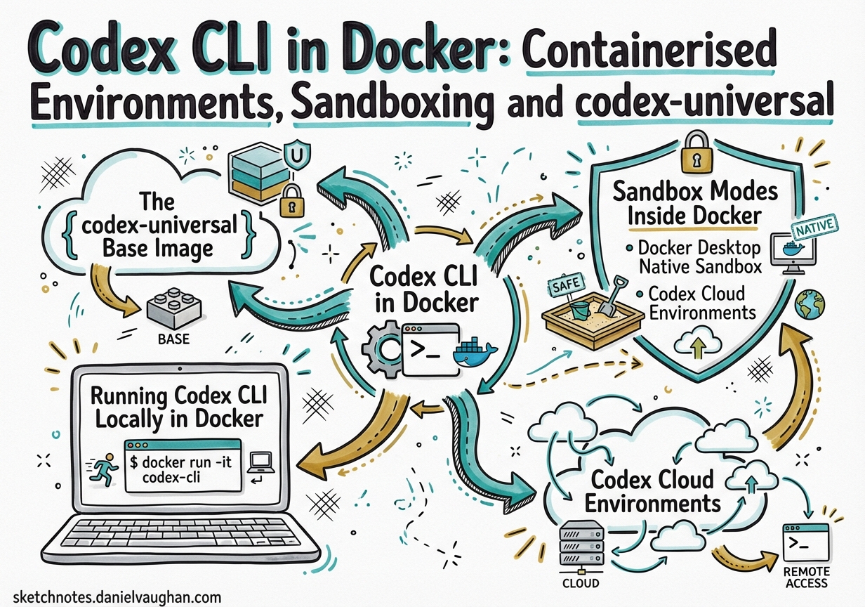Sketchnote diagram for: Codex CLI in Docker: Containerised Environments, Sandboxing and codex-universal