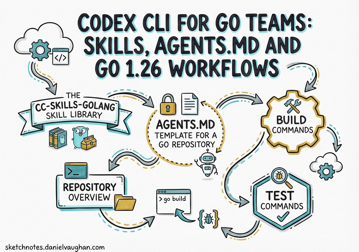 Sketchnote diagram for: Codex CLI for Go Teams: Skills, AGENTS.md and Go 1.26 Workflows