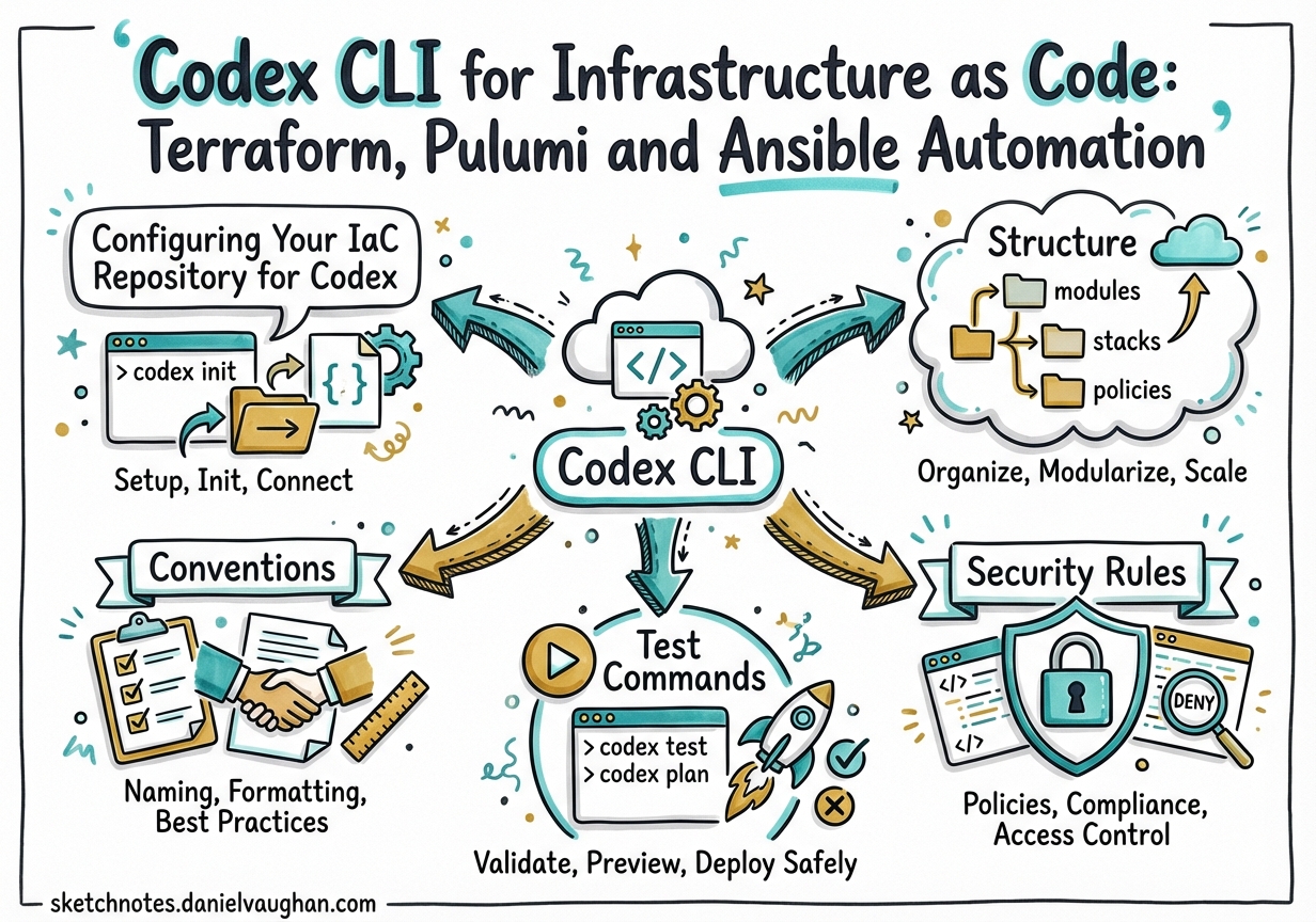 Sketchnote diagram for: Codex CLI for Infrastructure as Code: Terraform, Pulumi and Ansible Automation