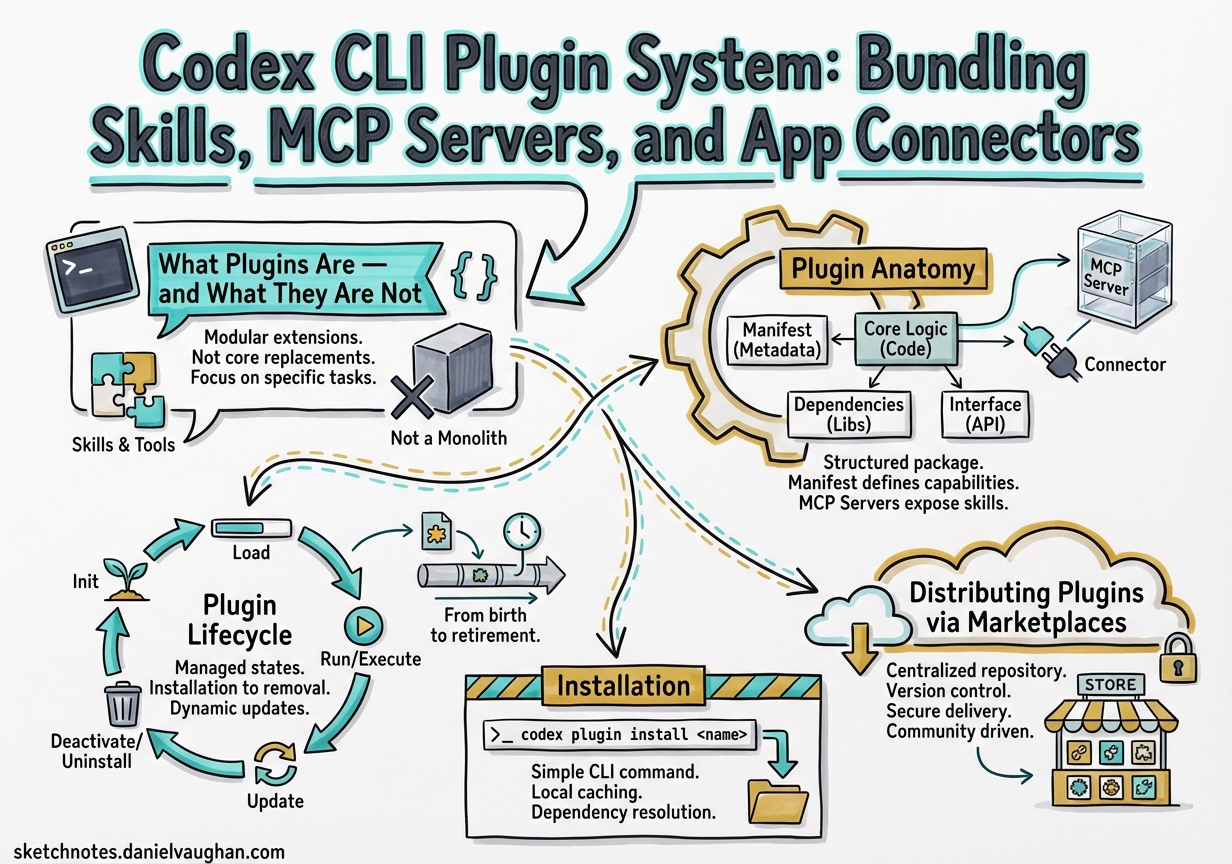 Sketchnote diagram for: Codex CLI Plugin System: Bundling Skills, MCP Servers, and App Connectors