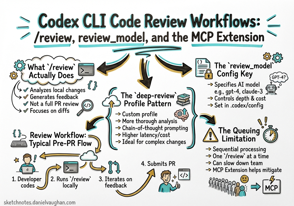Sketchnote diagram for: Codex CLI Code Review Workflows: /review, review_model, and the MCP Extension