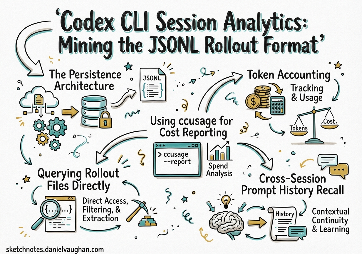 Sketchnote diagram for: Codex CLI Session Analytics: Mining the JSONL Rollout Format
