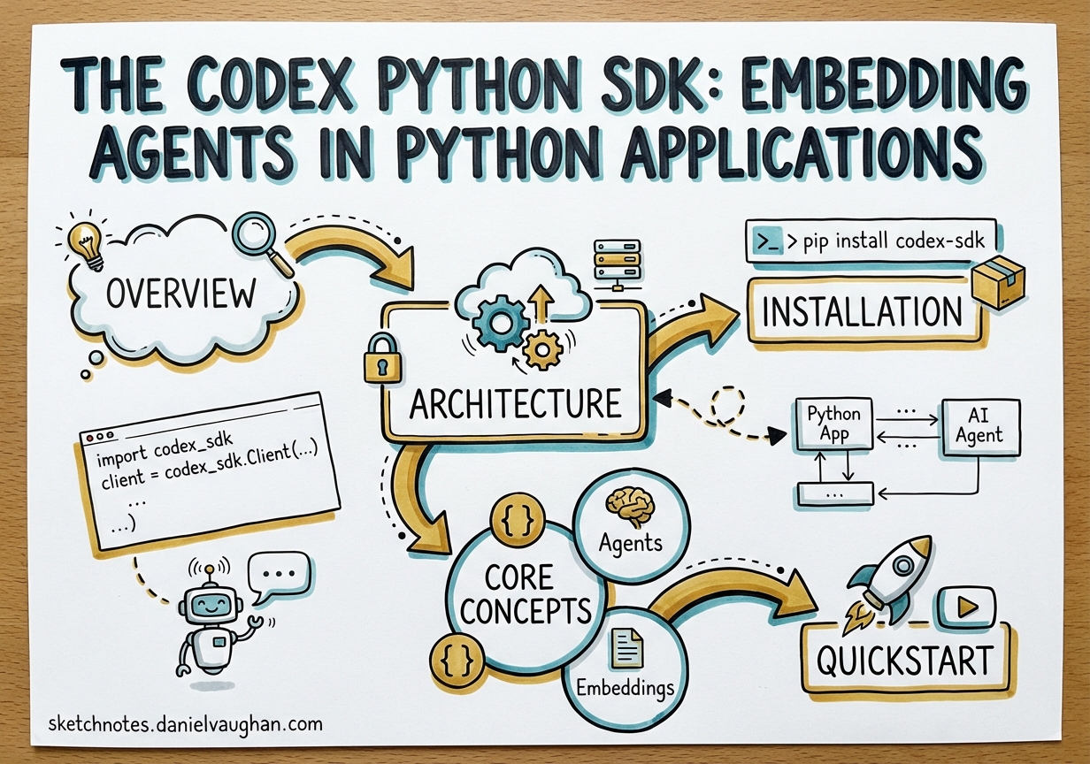 Sketchnote diagram for: The Codex Python SDK: Embedding Agents in Python Applications