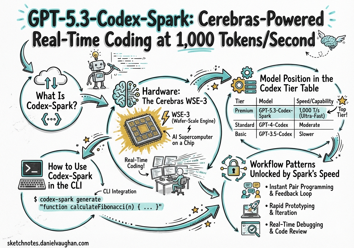 Sketchnote diagram for: GPT-5.3-Codex-Spark: Cerebras-Powered Real-Time Coding at 1,000 Tokens/Second