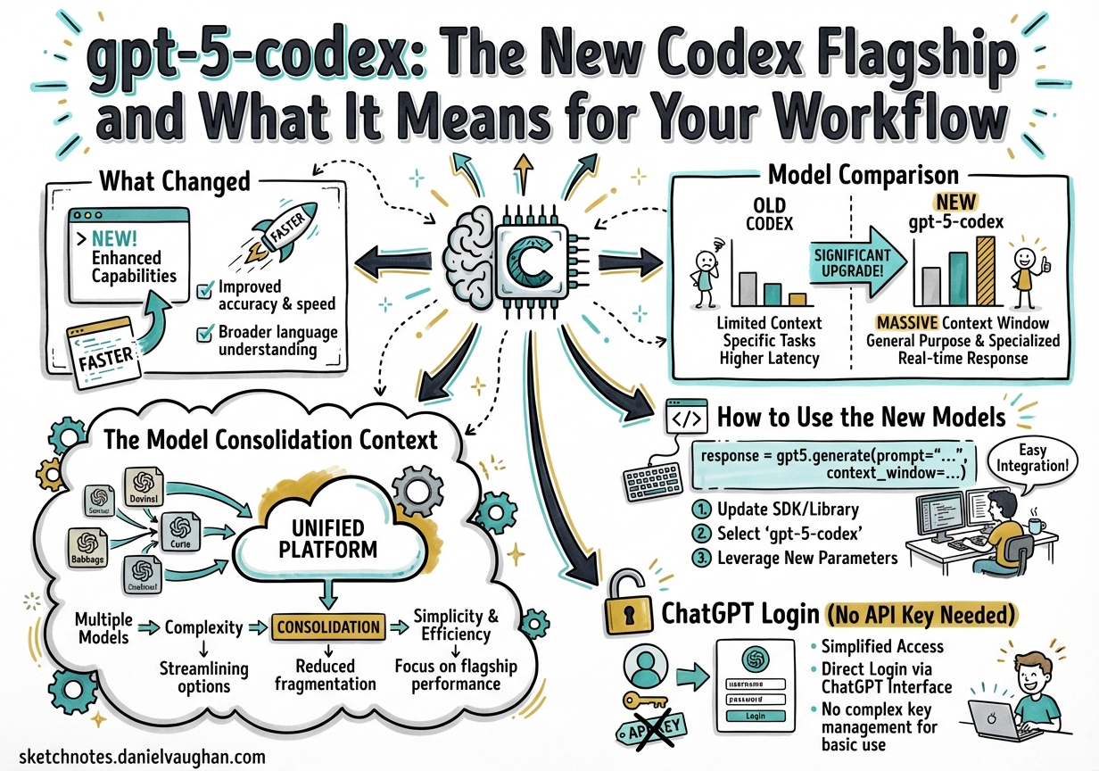 Sketchnote diagram for: gpt-5-codex: The New Codex Flagship and What It Means for Your Workflow
