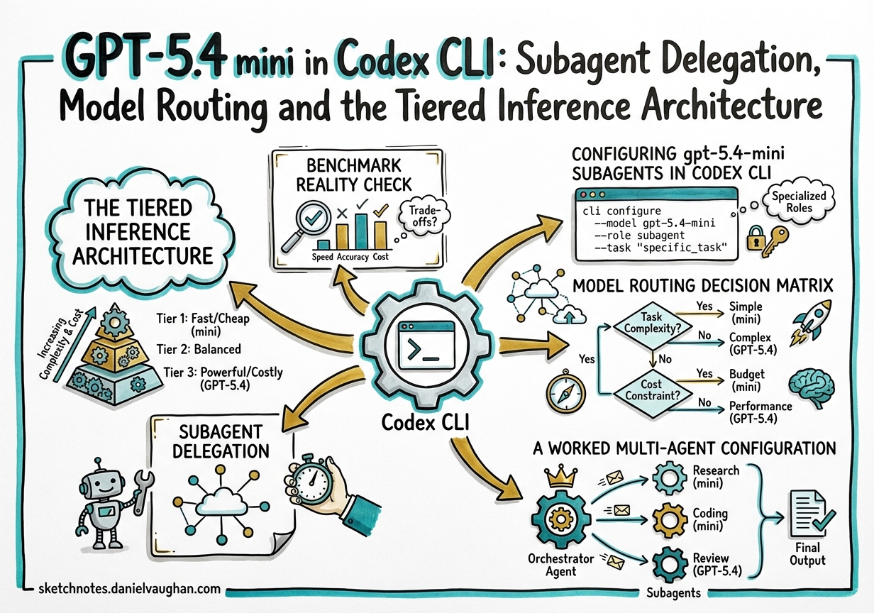 Sketchnote diagram for: GPT-5.4 mini in Codex CLI: Subagent Delegation, Model Routing and the Tiered Inference Architecture