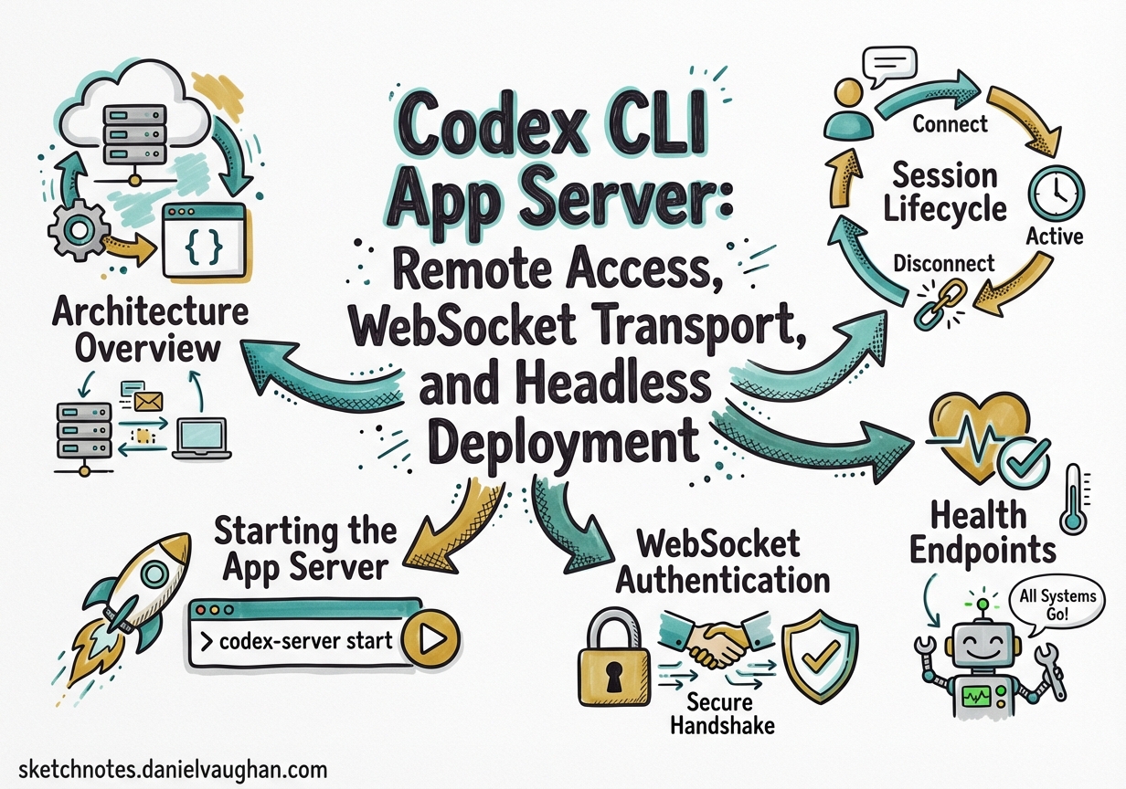 Sketchnote diagram for: Codex CLI App Server: Remote Access, WebSocket Transport, and Headless Deployment