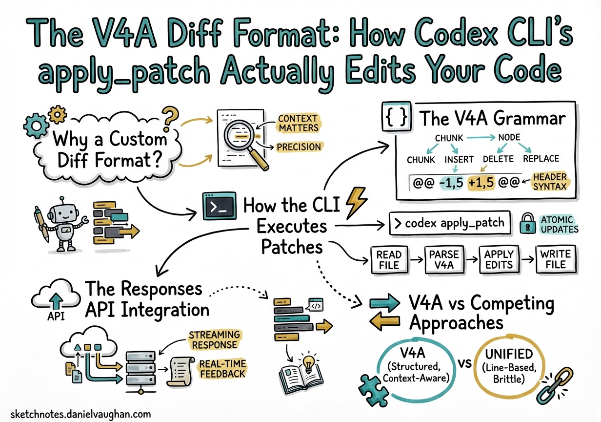 Sketchnote diagram for: The V4A Diff Format: How Codex CLI's apply_patch Actually Edits Your Code
