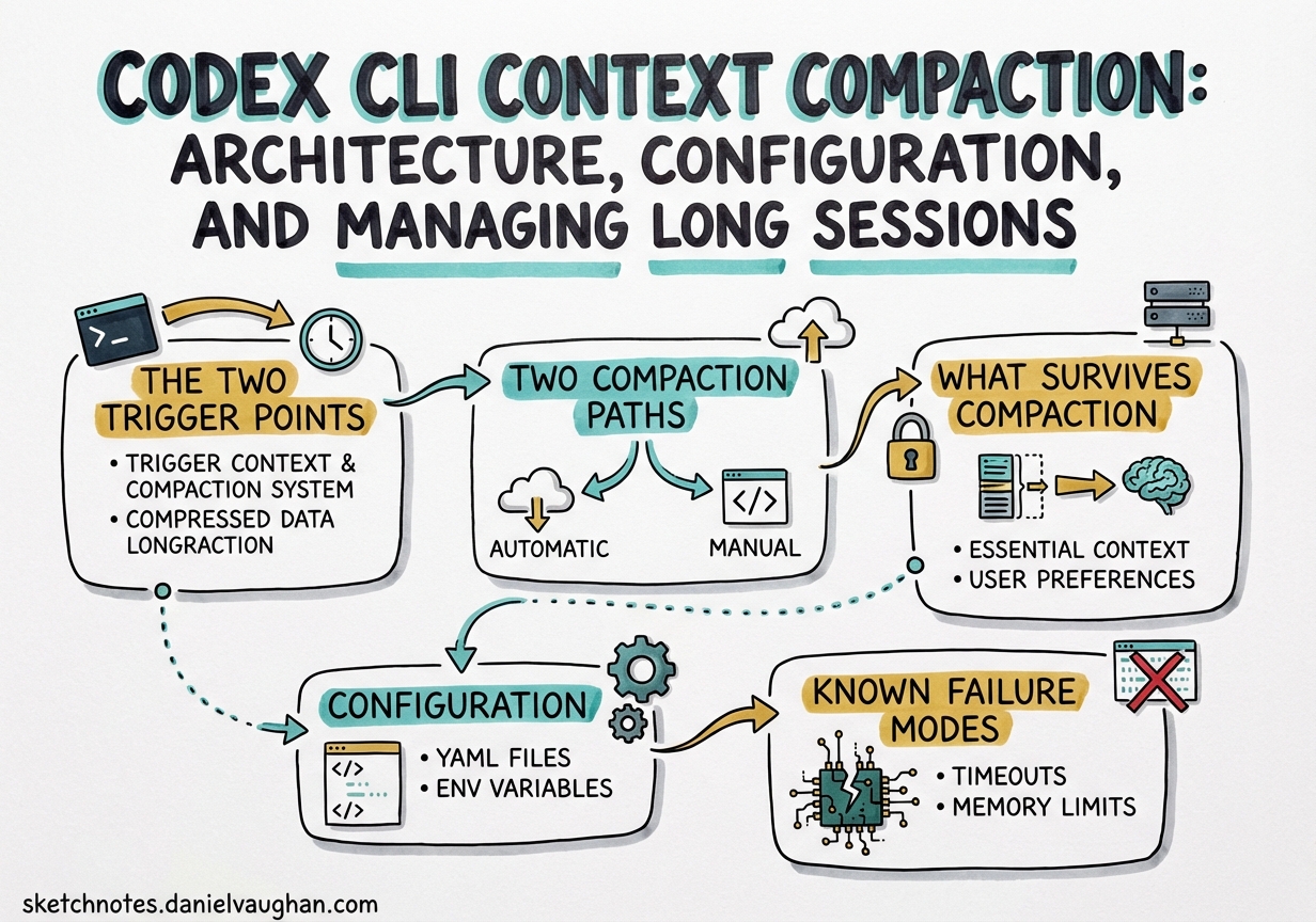 Sketchnote diagram for: Codex CLI Context Compaction: Architecture, Configuration, and Managing Long Sessions