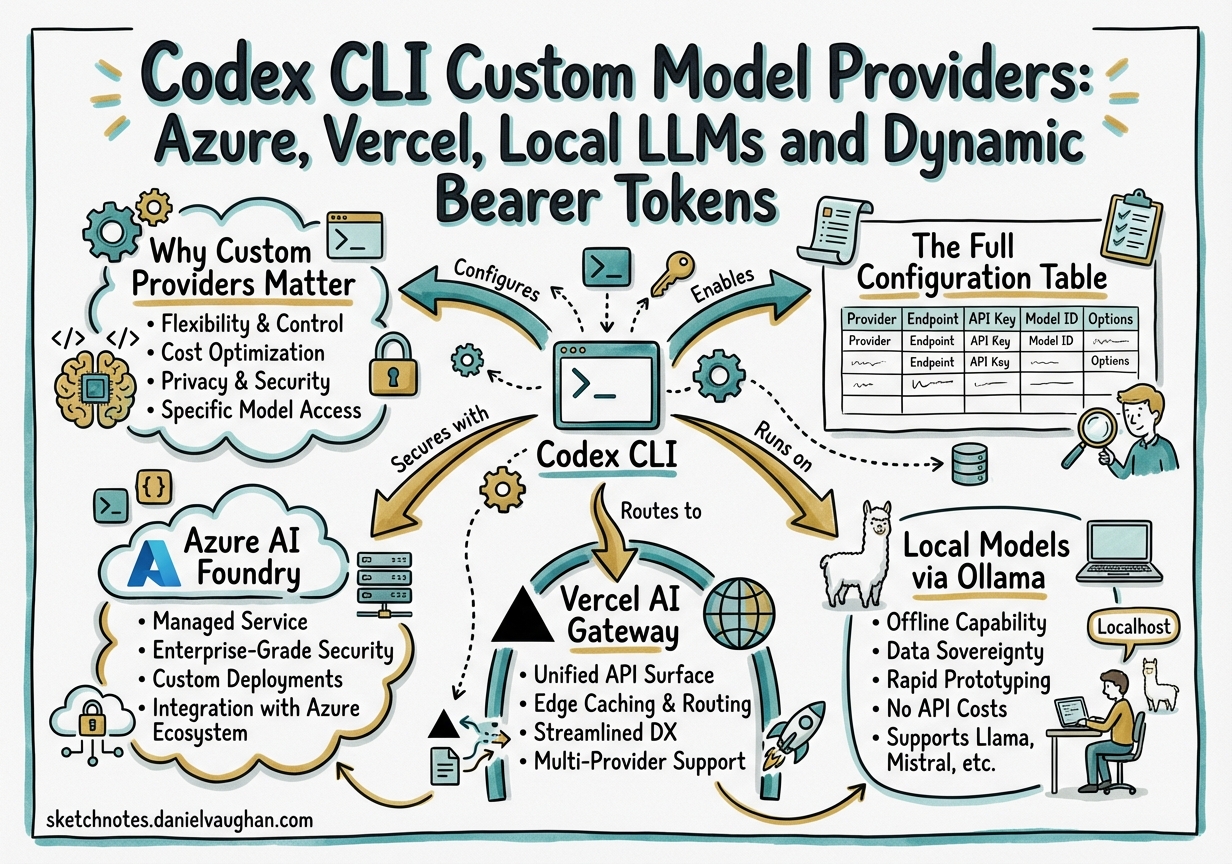 Sketchnote diagram for: Codex CLI Custom Model Providers: Azure, Vercel, Local LLMs and Dynamic Bearer Tokens