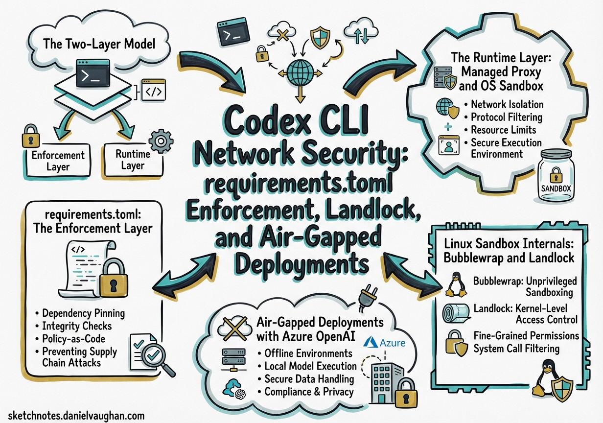 Sketchnote diagram for: Codex CLI Network Security: requirements.toml Enforcement, Landlock, and Air-Gapped Deployments
