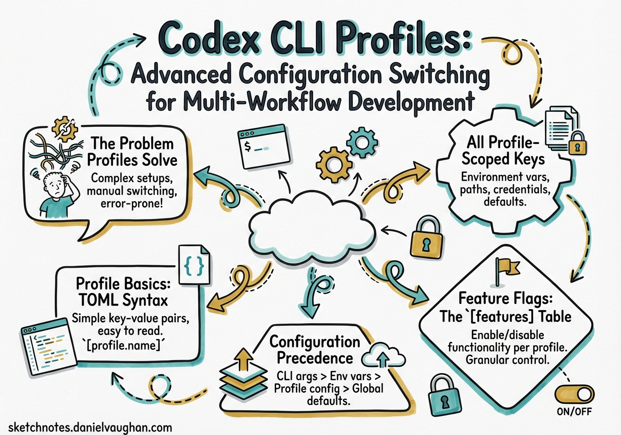 Sketchnote diagram for: Codex CLI Profiles: Advanced Configuration Switching for Multi-Workflow Development