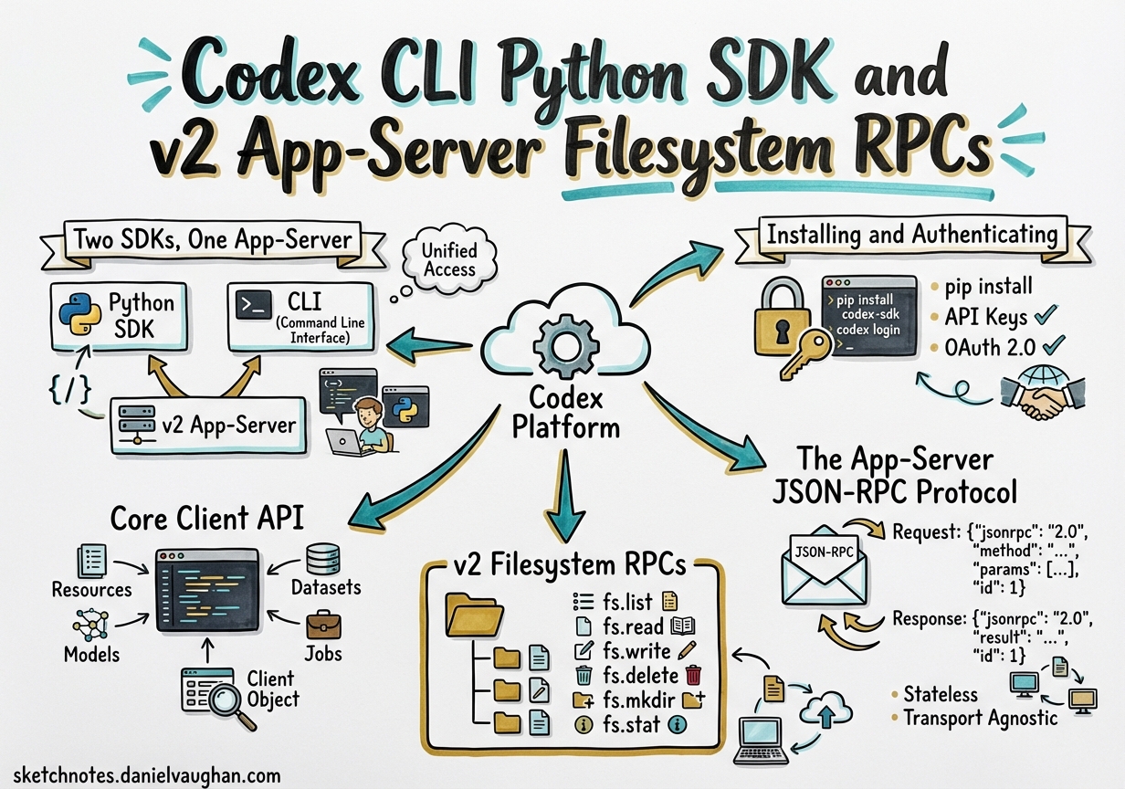 Sketchnote diagram for: Codex CLI Python SDK and v2 App-Server Filesystem RPCs